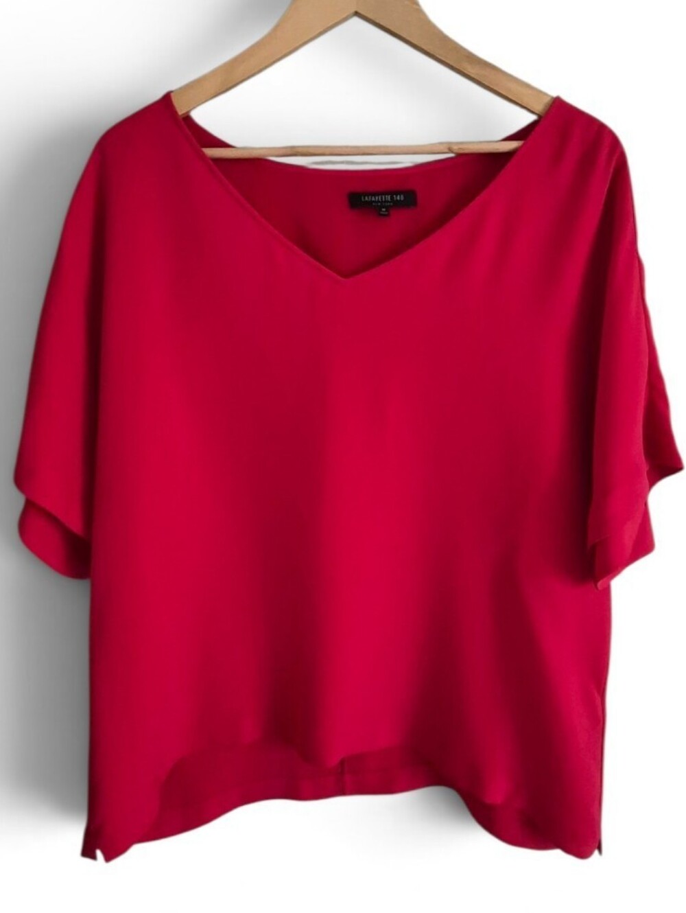 Lafayette 148 New York Red Pure 100% Silk Short Sleeve V-Neck Draped Blouse M
